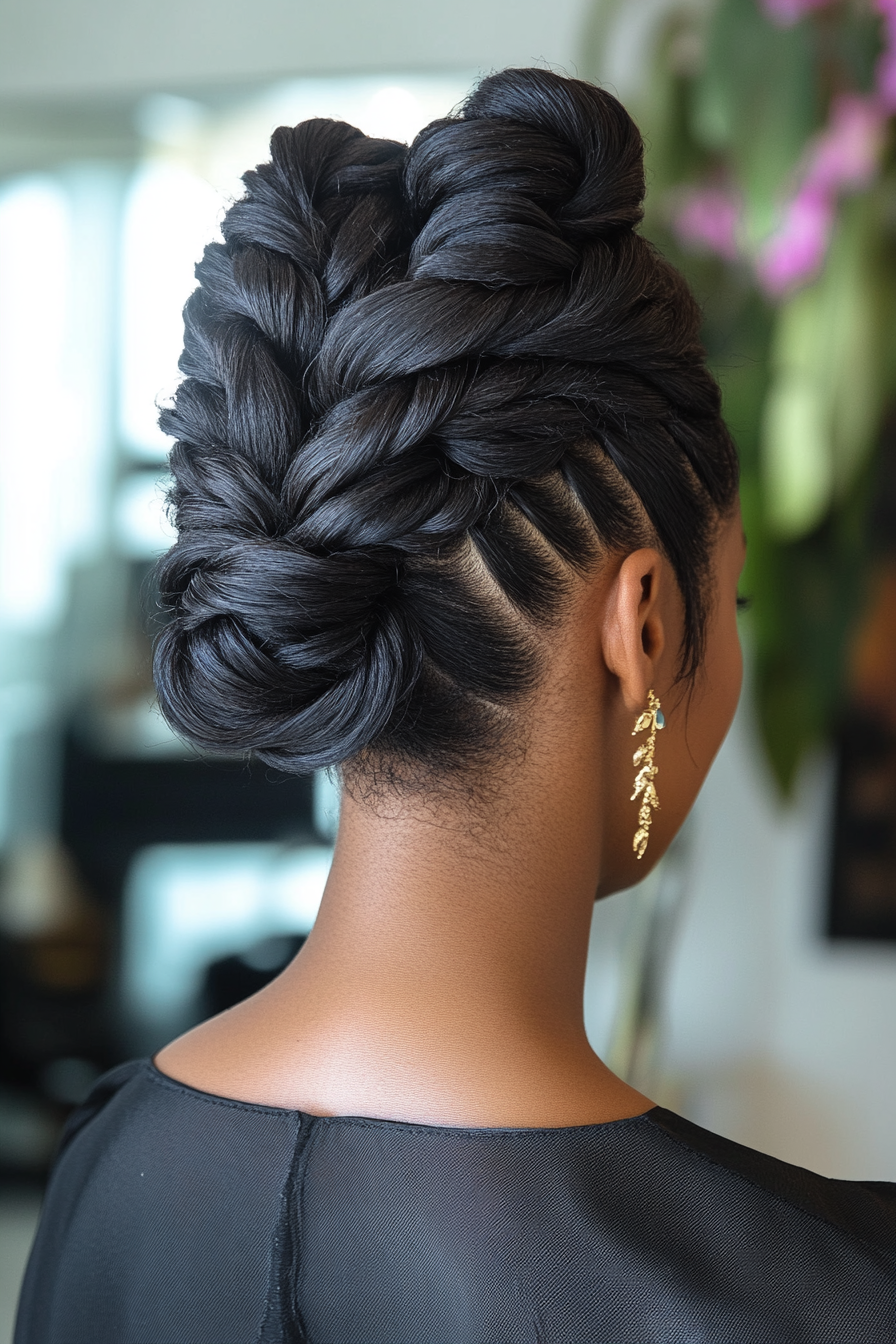 Braided hairstyle. Interwoven updo with peppermint oil scalp treatment.