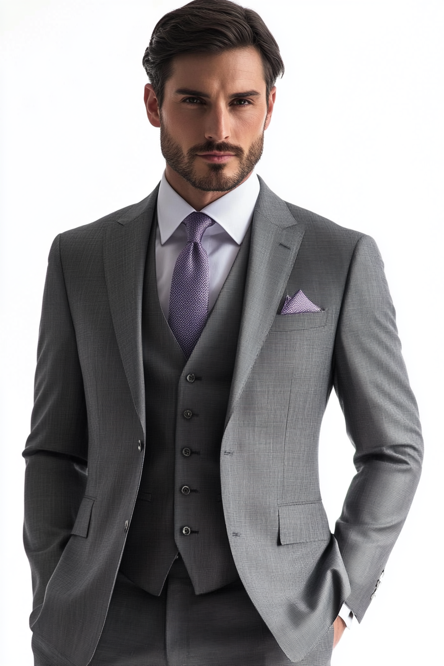 Men's classic style. Grey tapered-cut suit with ombre tie.