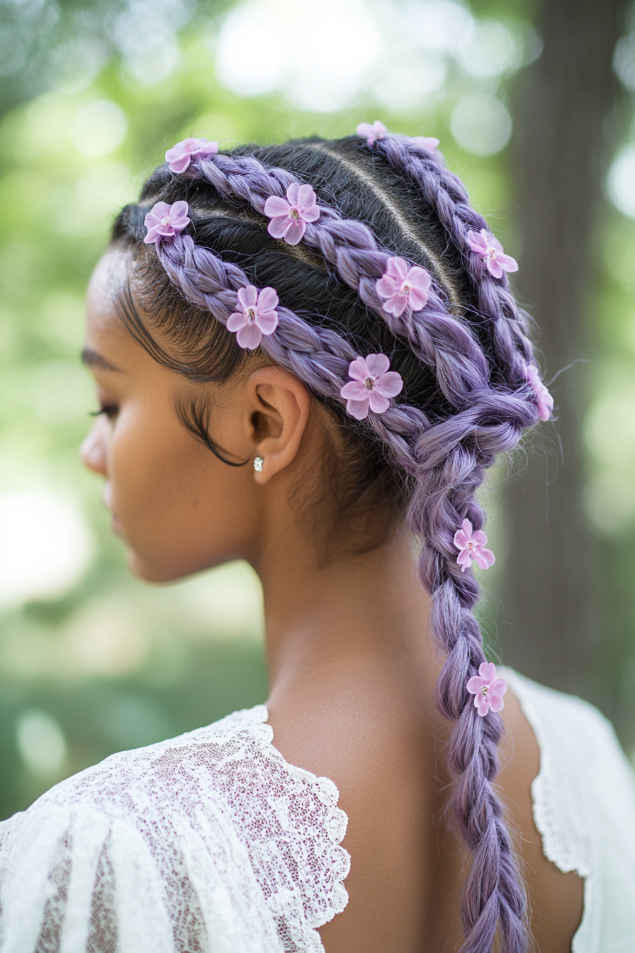 Retro women's style. Lavender baby braids accented with petal pink bobby pins.