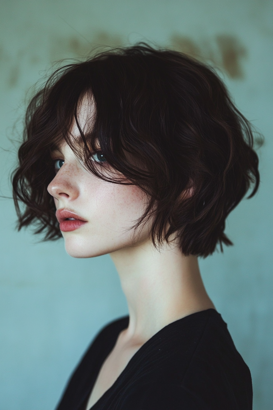 Women's short hairstyle. Unstructured bob with crimped waves.