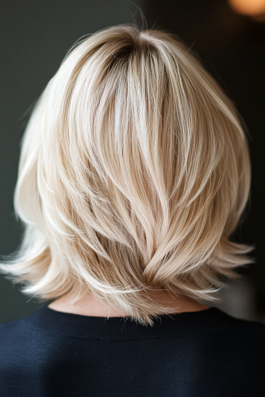 Women's trendy style. Blonde bob with face-framing highlights and feathered tips.