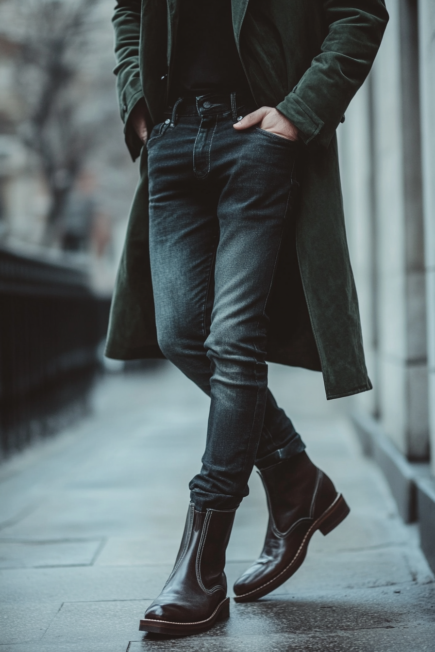 Men's statement style. Leather ankle boots, fade jeans and a dark green trench coat.