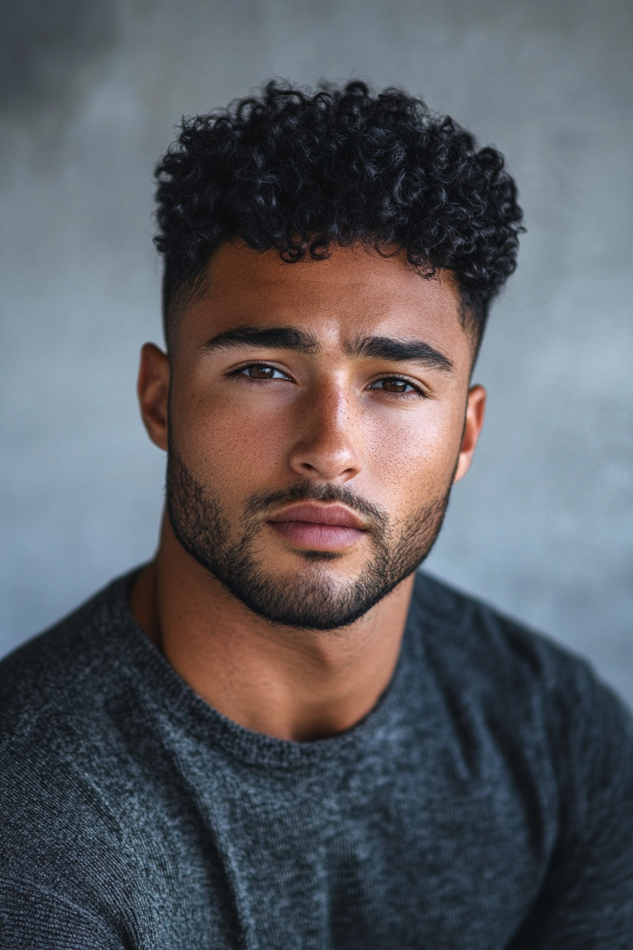 Men's texture style. Defined curls with high fade.