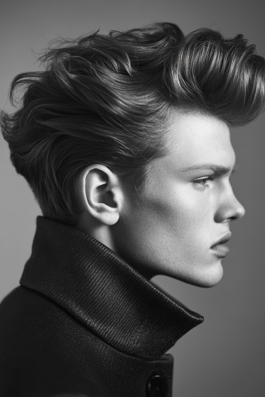 Men's Volume Style. Undercut pompadour using medium-hold gel.