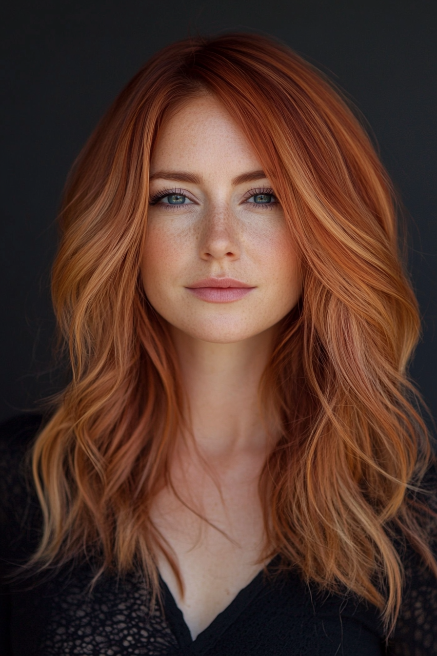 Women's hair color. Medium auburn with rose gold balayage.