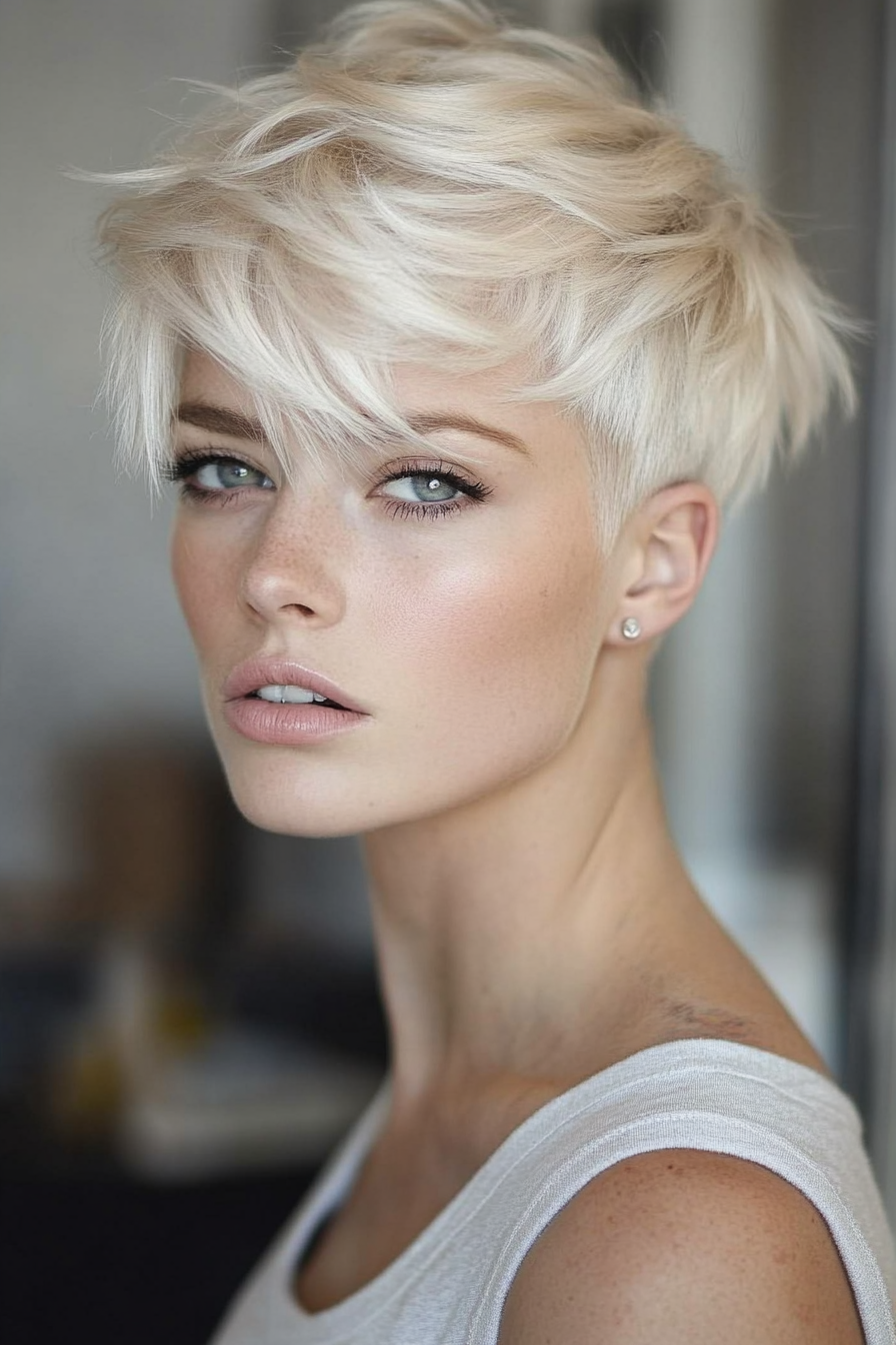 Women's short style. Messy platinum pixie with undercut.