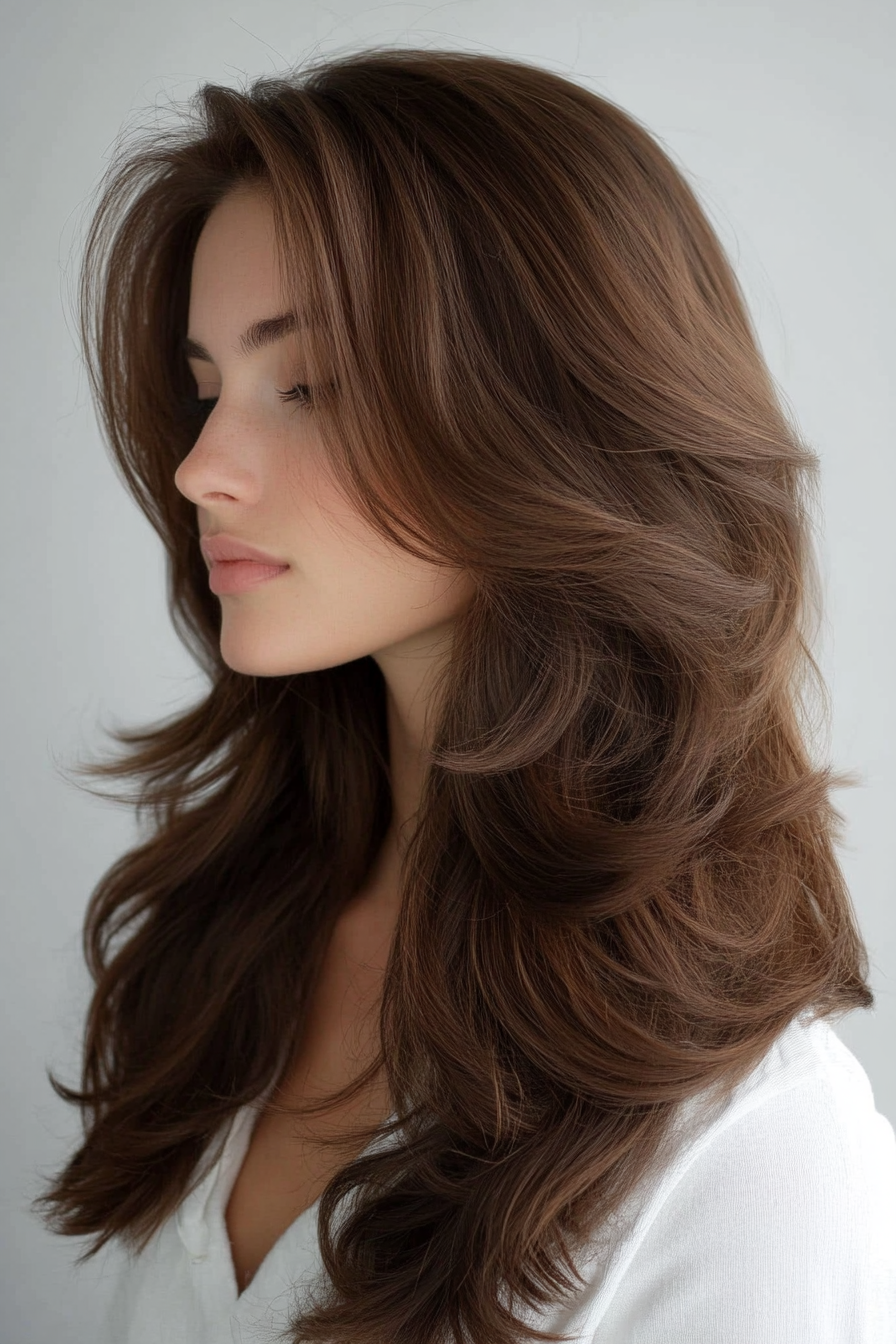Women's soft style. Long layers with tapered ends and loose waves.