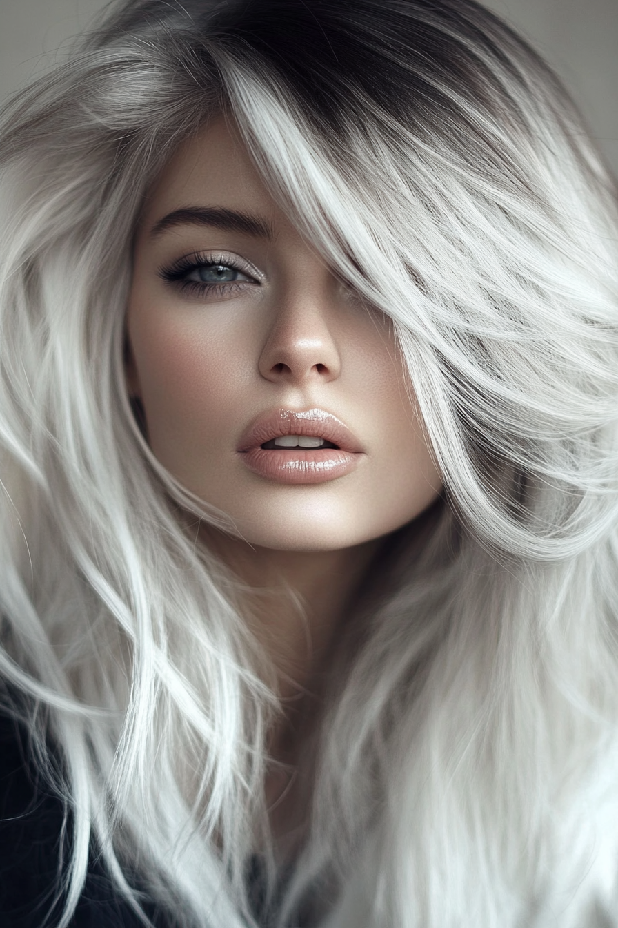 Women's hair color. Shadow roots with silver toning, brunette base.