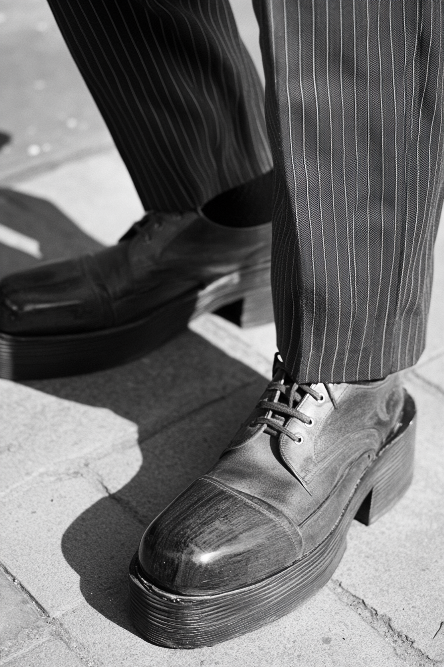 Men's statement style. Pinstriped suit, raised platform shoes, matching faded tie.