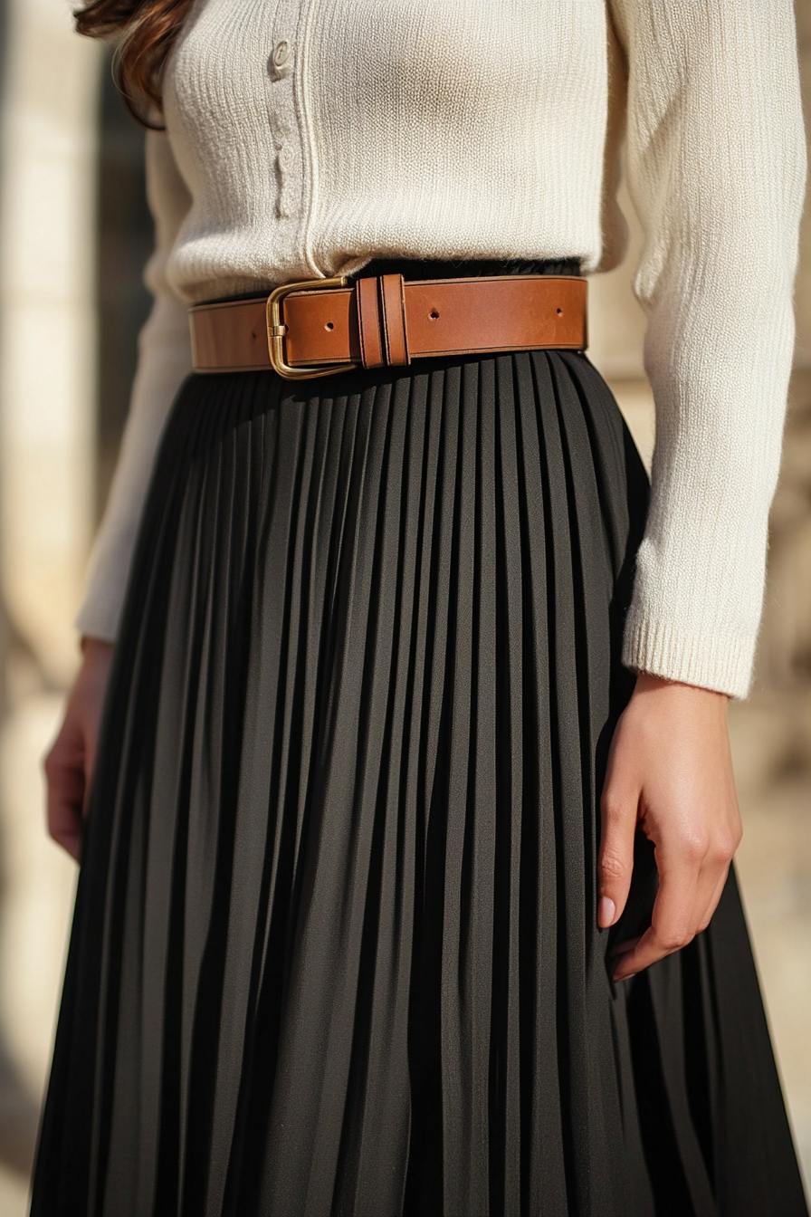 Classic women's style. Mid-length pleated skirt worn with chunky leather belt.