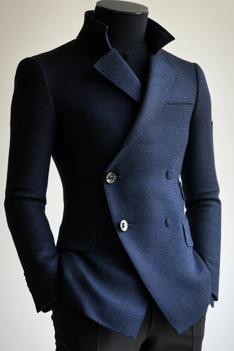 Men's Modern Style. Navy blue textured layered cut jacket.