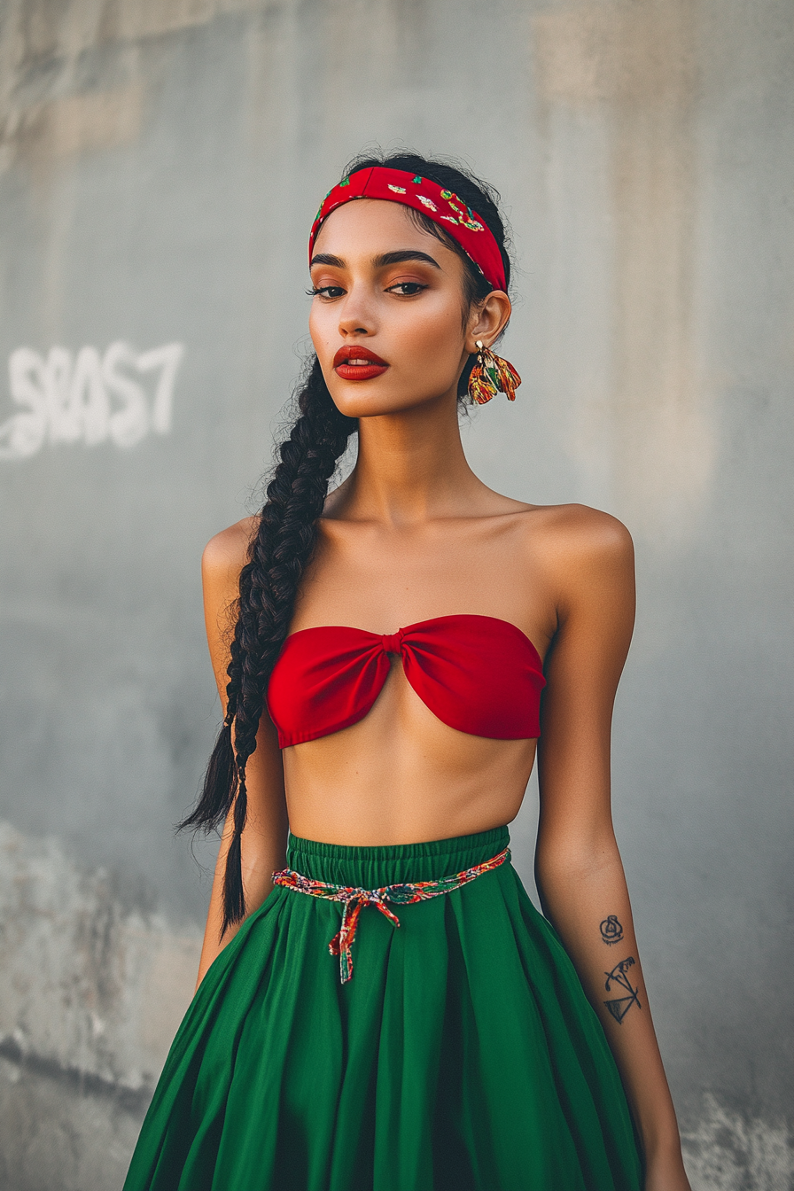 Retro style women's outfit. Green midi skirt, red bandeau, baby braids, and multicolored clips.