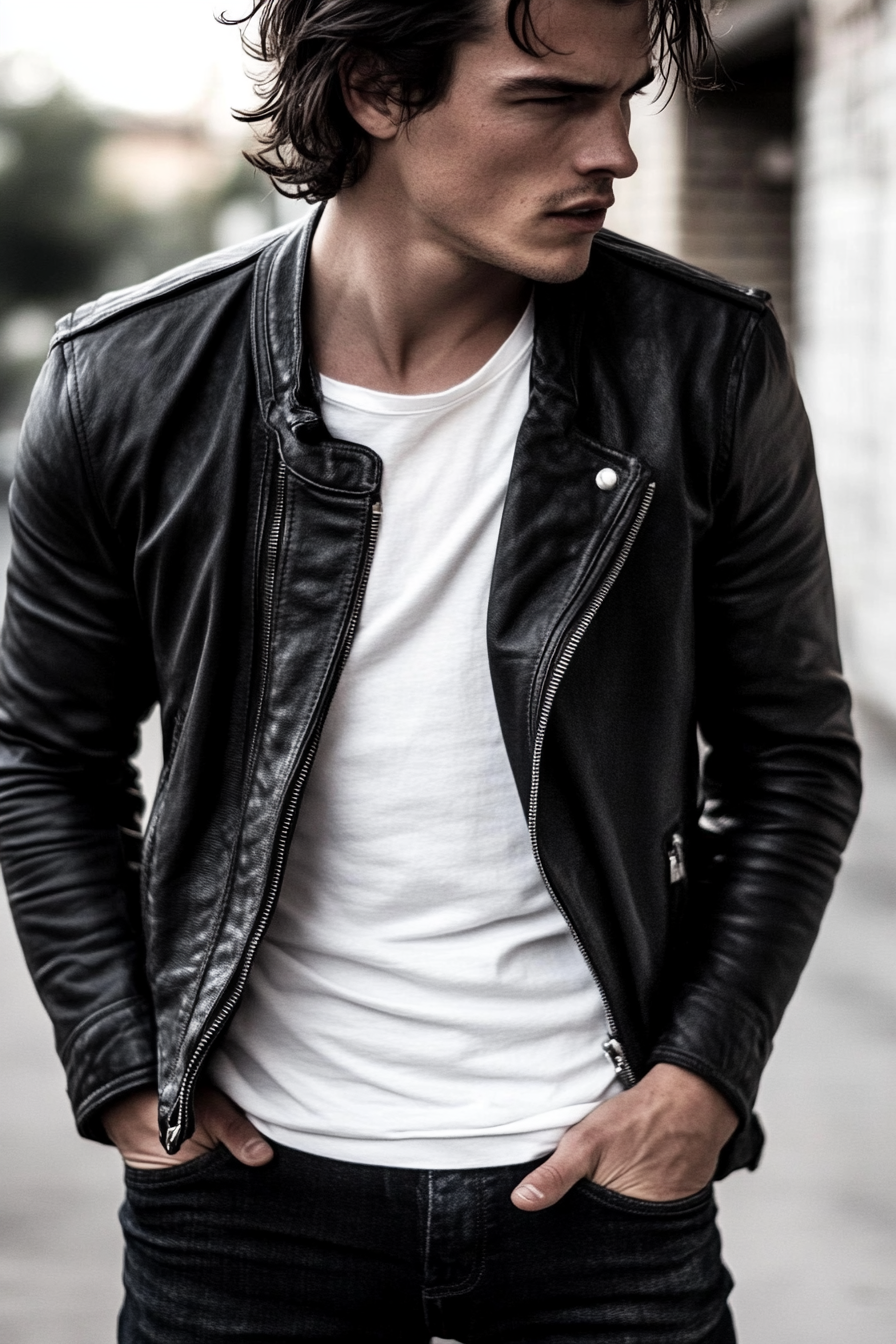 Men's edgy style. Black leather jacket over white t-shirt with dark skinny jeans.