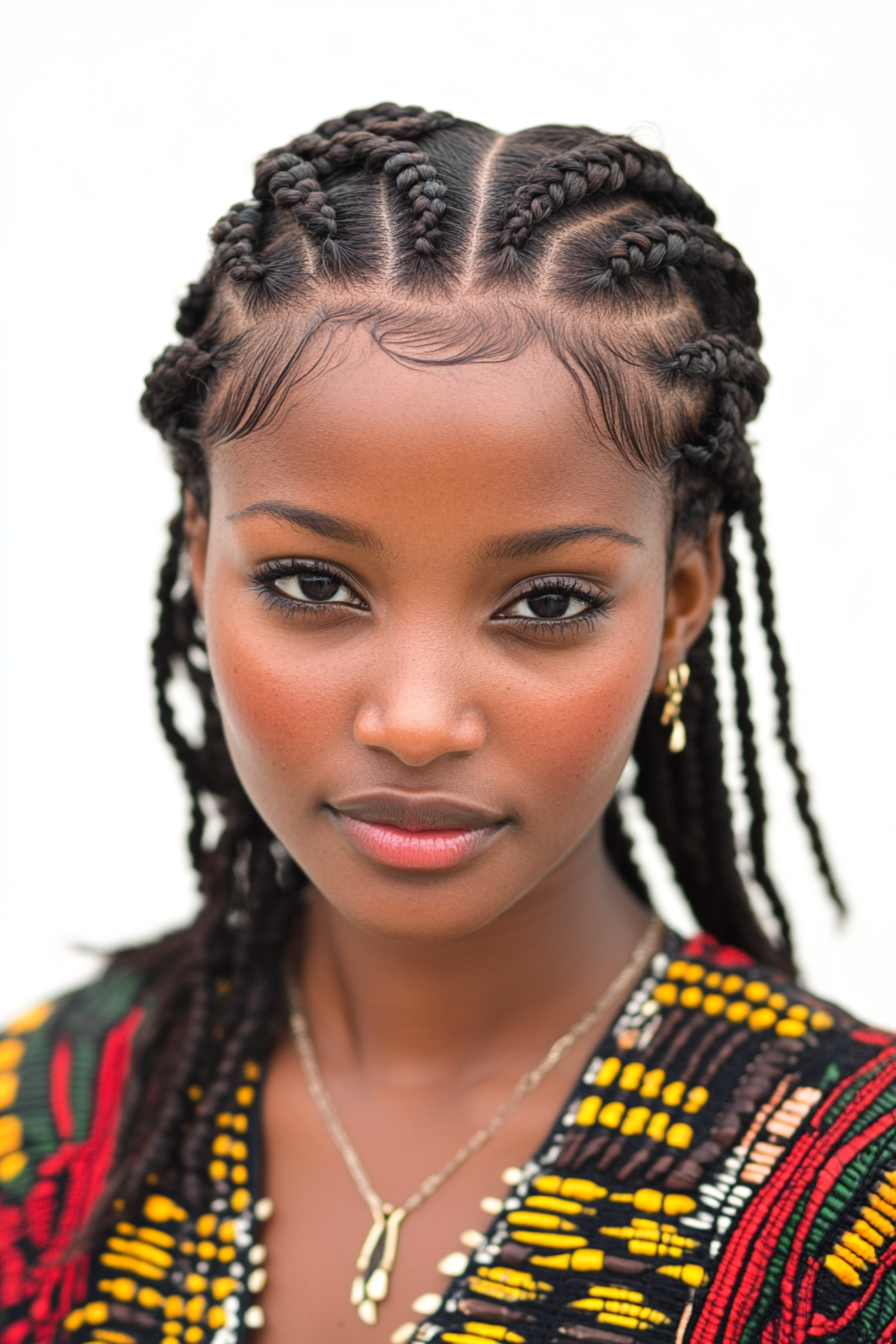 Braided hairstyle. Cornrows with small, detailed braid design, scalp oil apply.