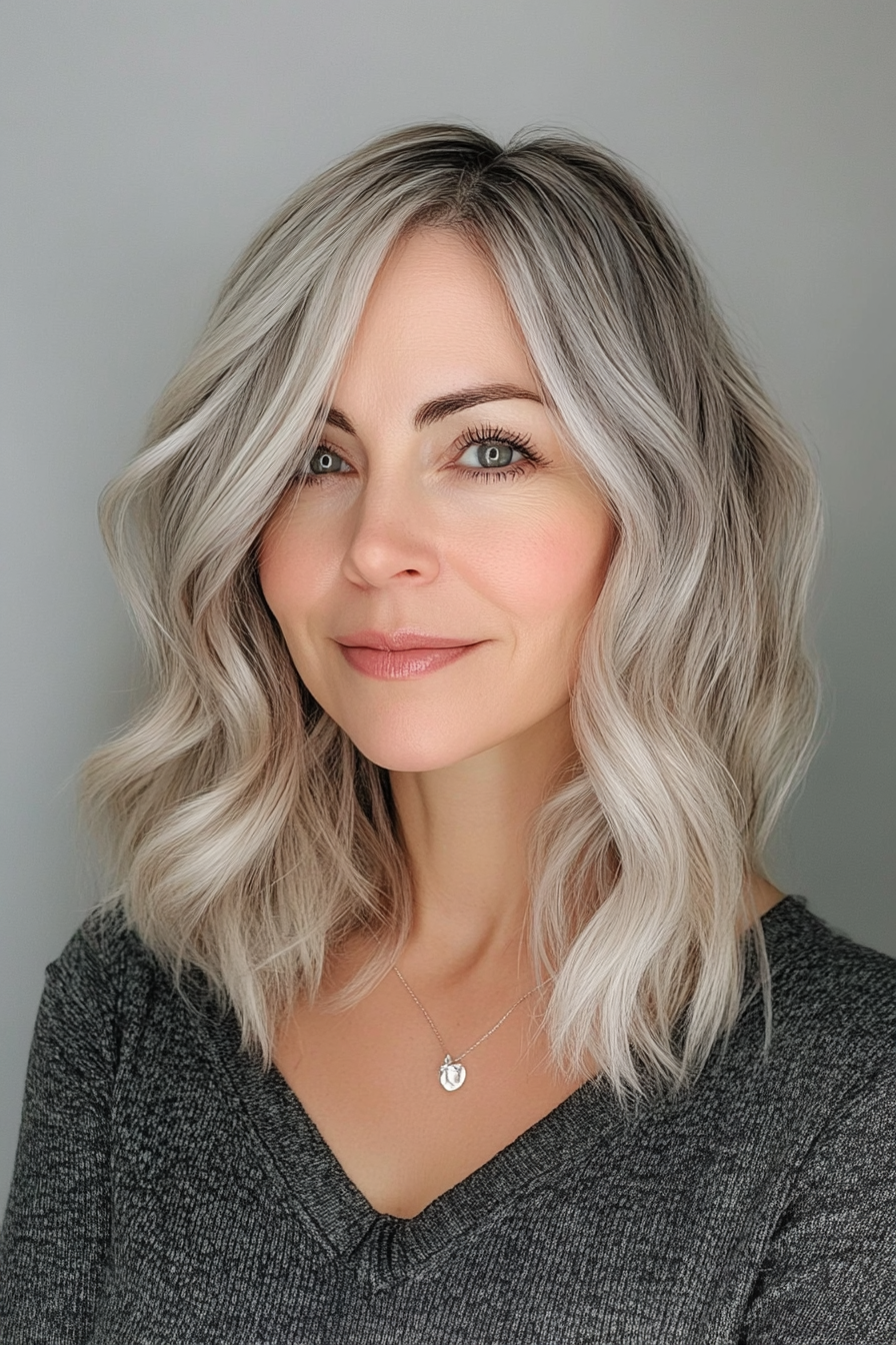 Women's hair color. Shadow roots with silver toning, regular maintenance.