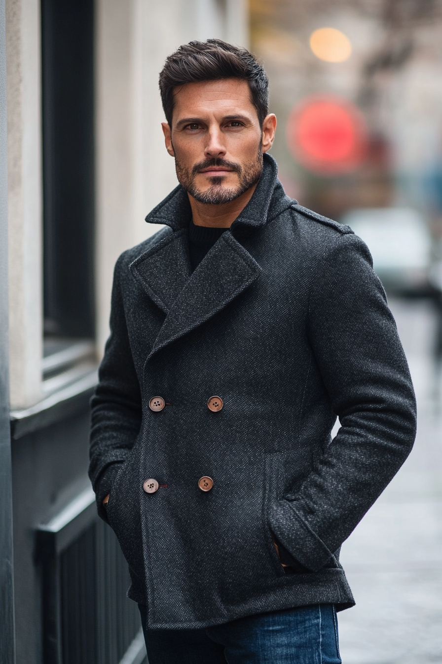 Men's modern style. Dark charcoal peacoat with compact denim bottoms.