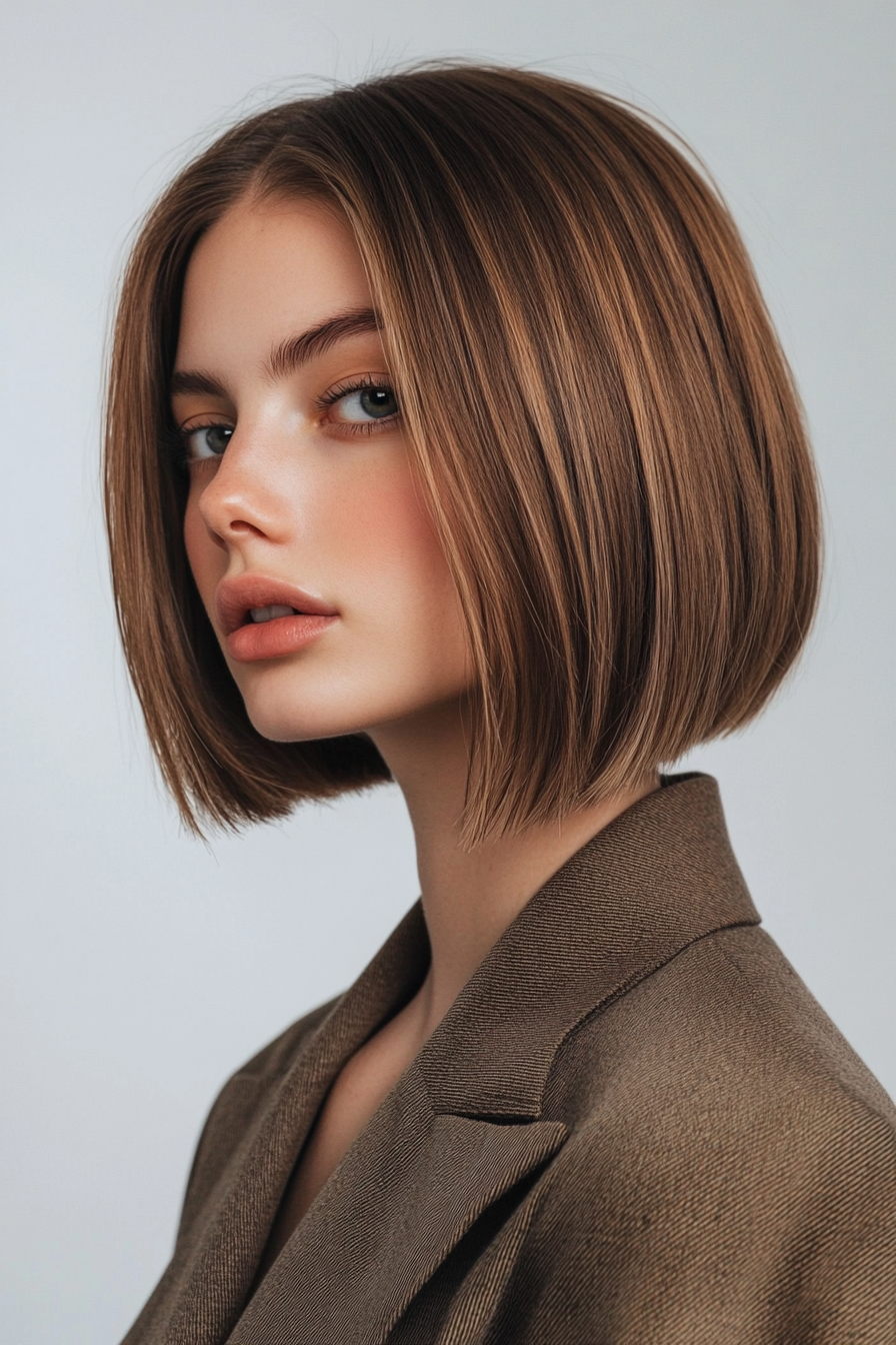 Women's Trendy Style. Face-framing blunt bob, high balayage blend.