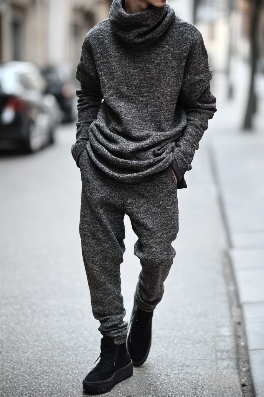 Men's statement style. High neckline sweater with fade drop-crotch pants.