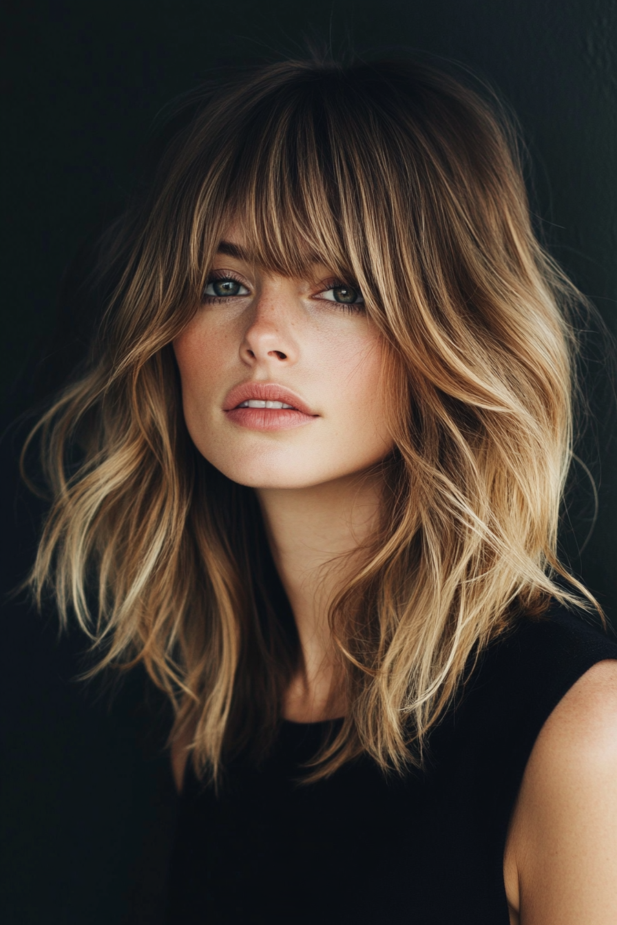 Women's trendy style. Face-framing bouncy curtain bangs with smooth blended highlights.