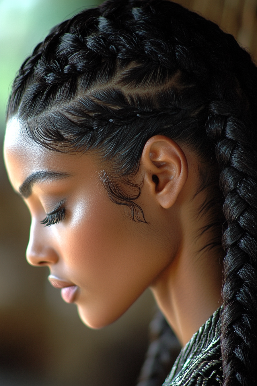 Braided style for women. Cornrows with intricate zigzag patterns, moisturized scalp.