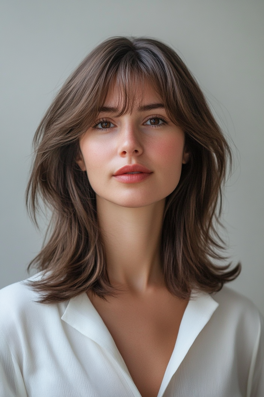 Modern style women's hairdo. Choppy layers with curtain bangs.