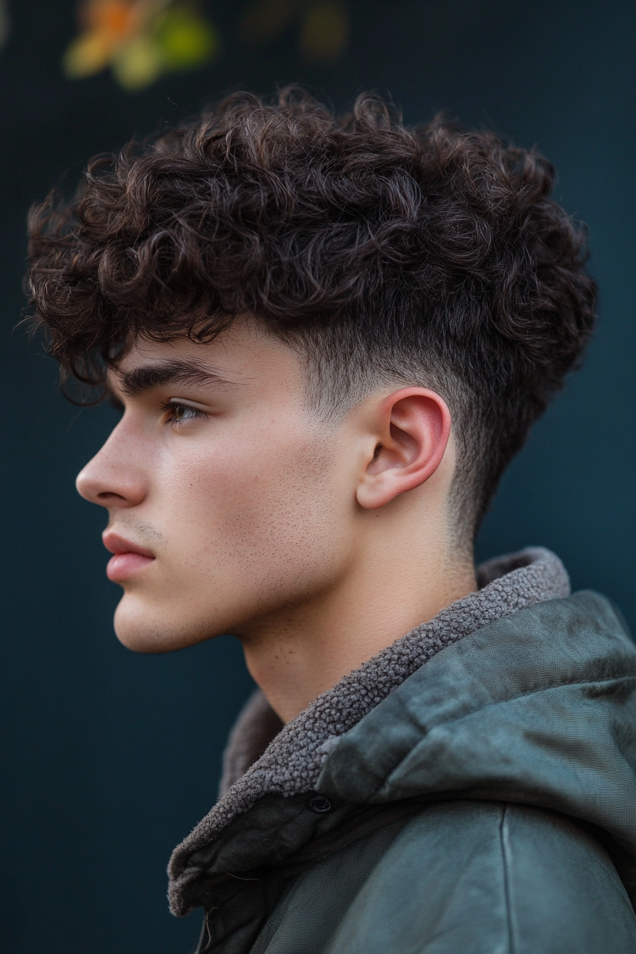 Men's texture style. Defined curls with high skin fade.