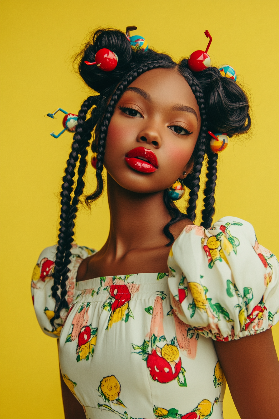 Women's Retro Style. Puffed sleeves dress, baby braids, face-framing pieces, bold red lips and colorful clips.