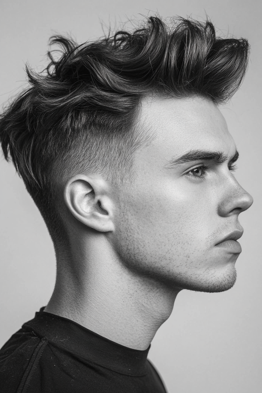 Men's contemporary style. Shaggy pompadour with faded sides