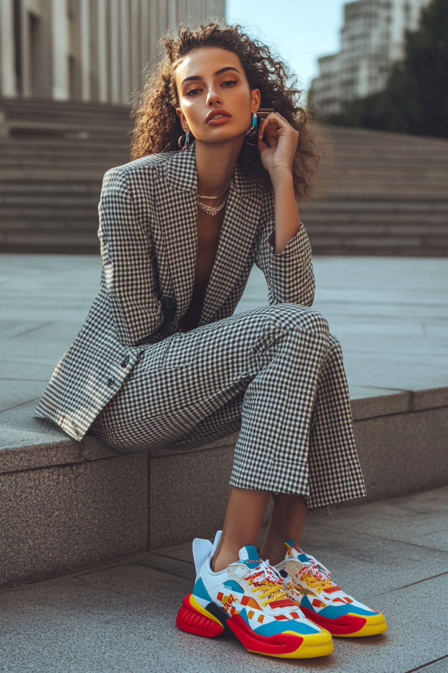 Classic women's style with a modern twist. Houndstooth suit paired with chunky colorful sneakers.