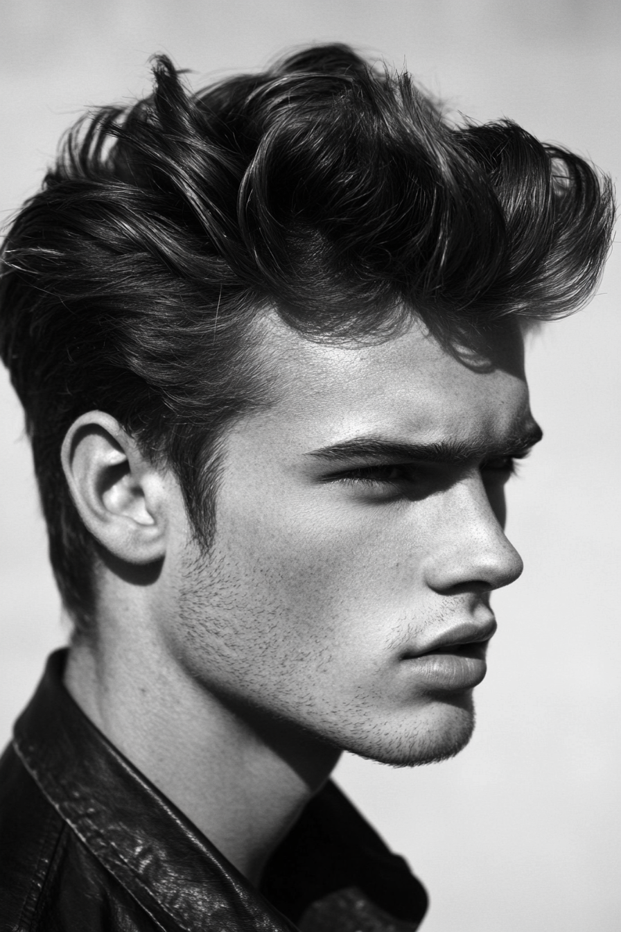 Men's hairstyle. Pompadour using volumizing foam.