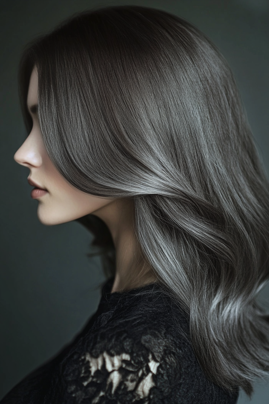 Women's hair color. Brunette with shadow roots and silver toning.