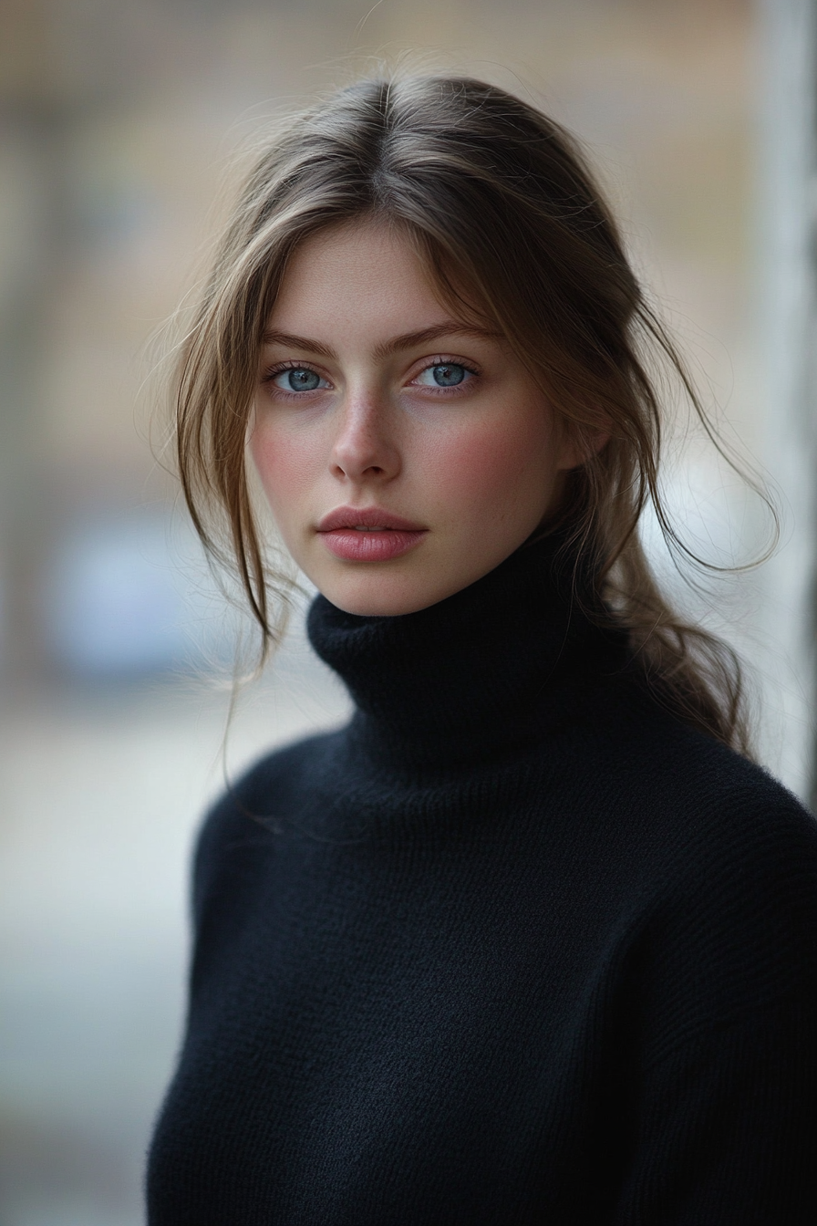 Women's classic style. Black cashmere turtleneck with face-framing layers.