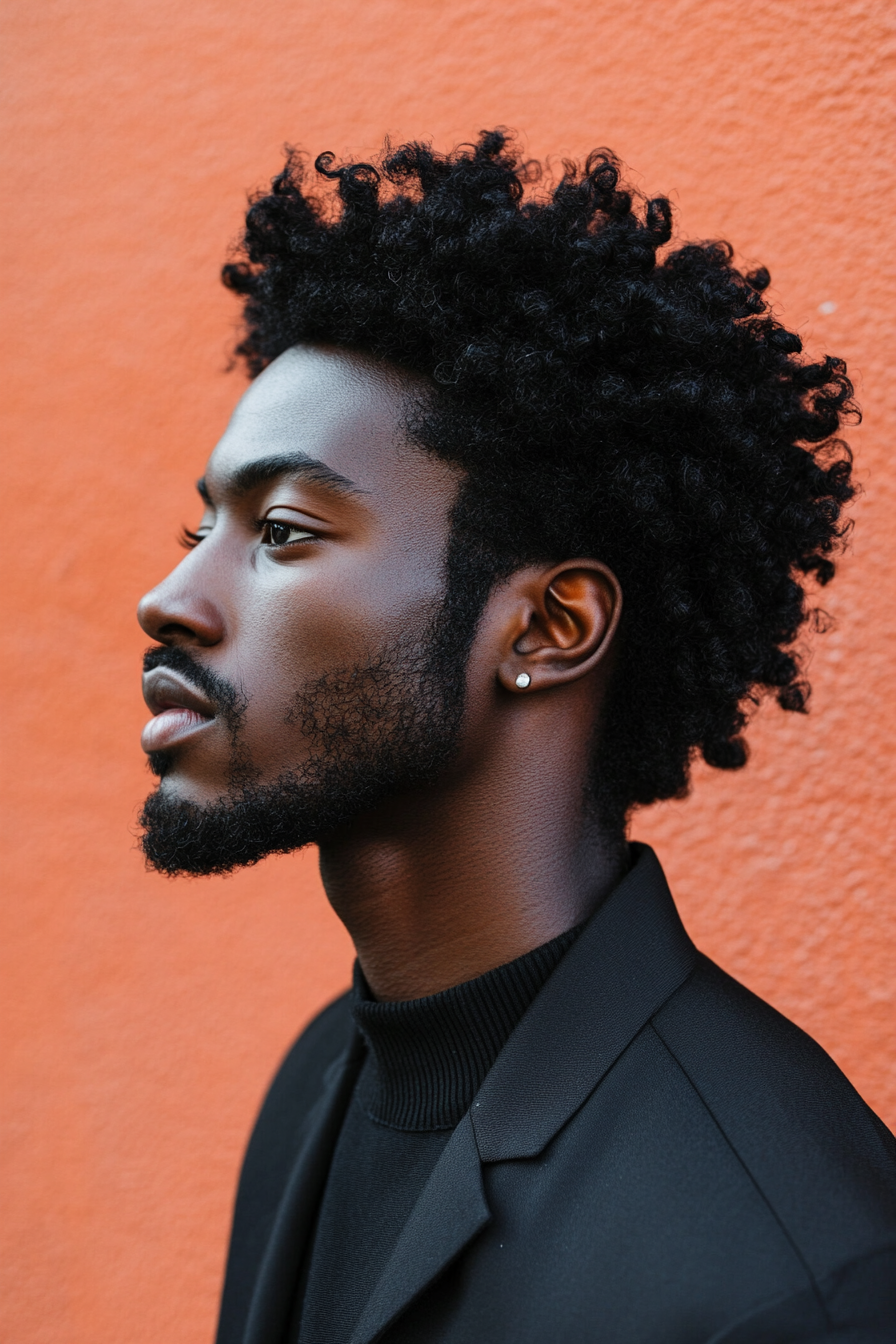 Men's curly style. Hydrated afro with shea butter-infused curl cream.