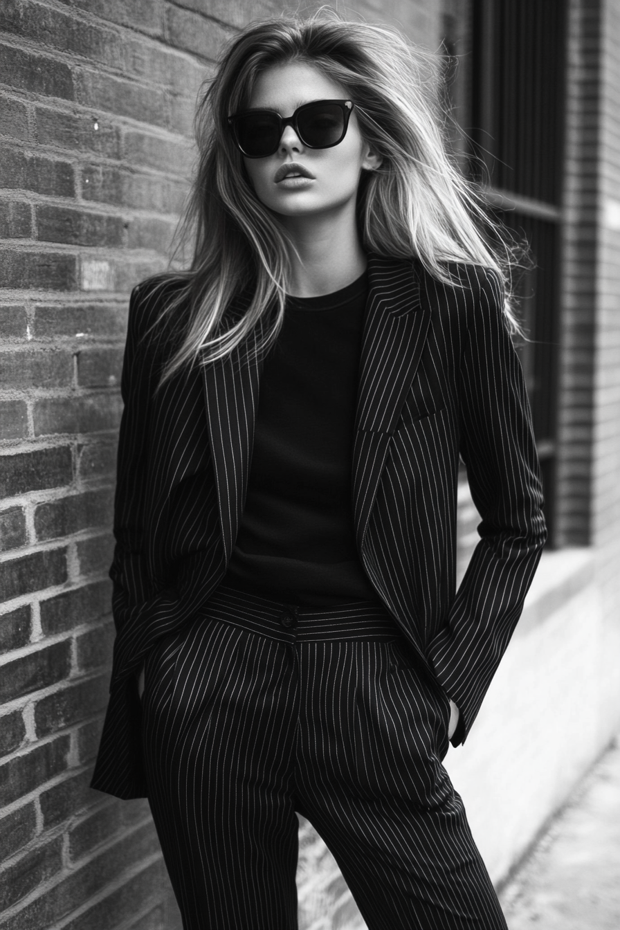 Classic women's style. Pinstripe suit with oversized blazer and skinny pants.