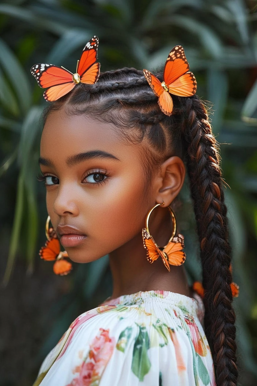 Retro style. Baby braids, golden hoop earrings, and orange butterfly clips.