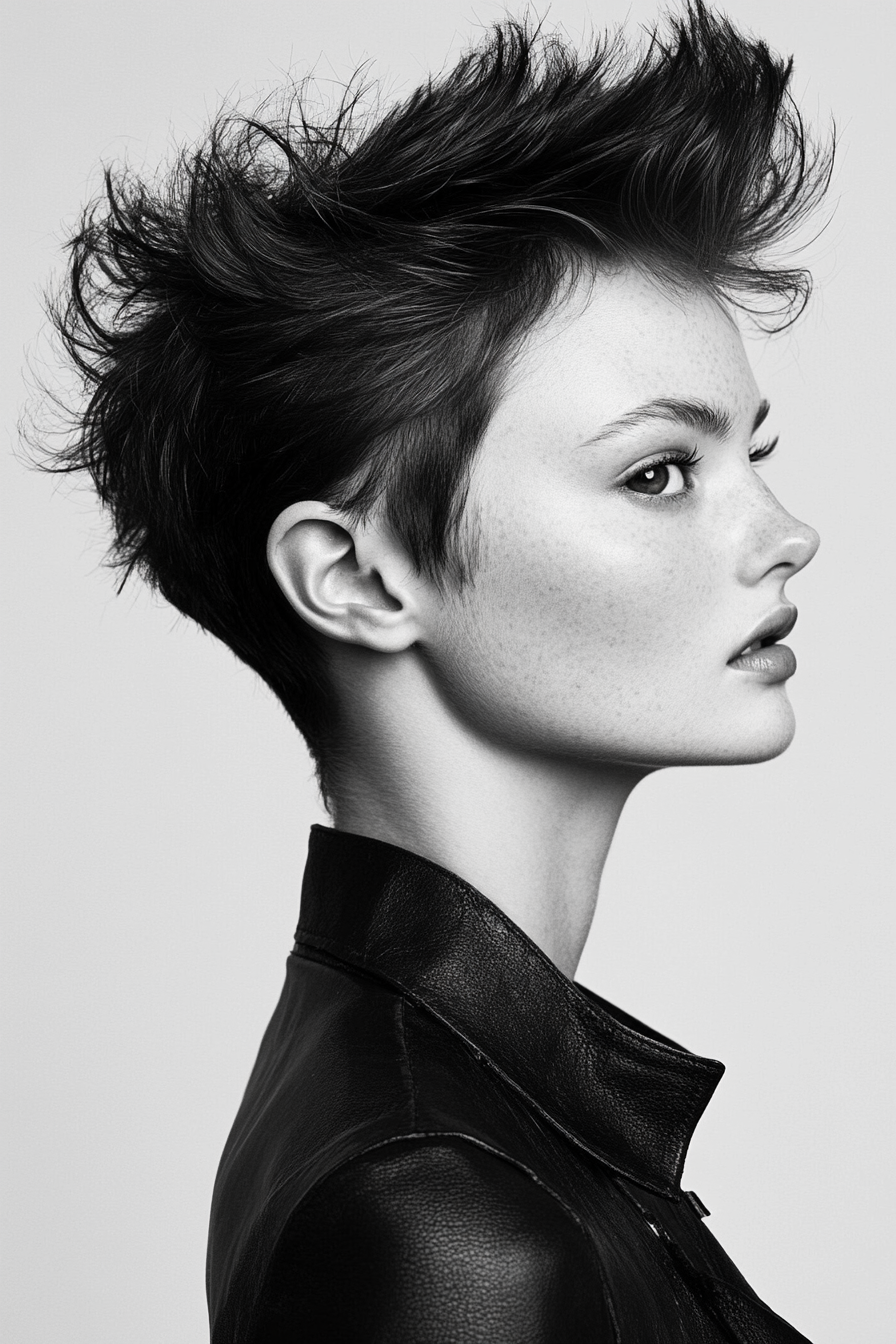 Short hairstyle. Textured crown and tapering sides, highlights.