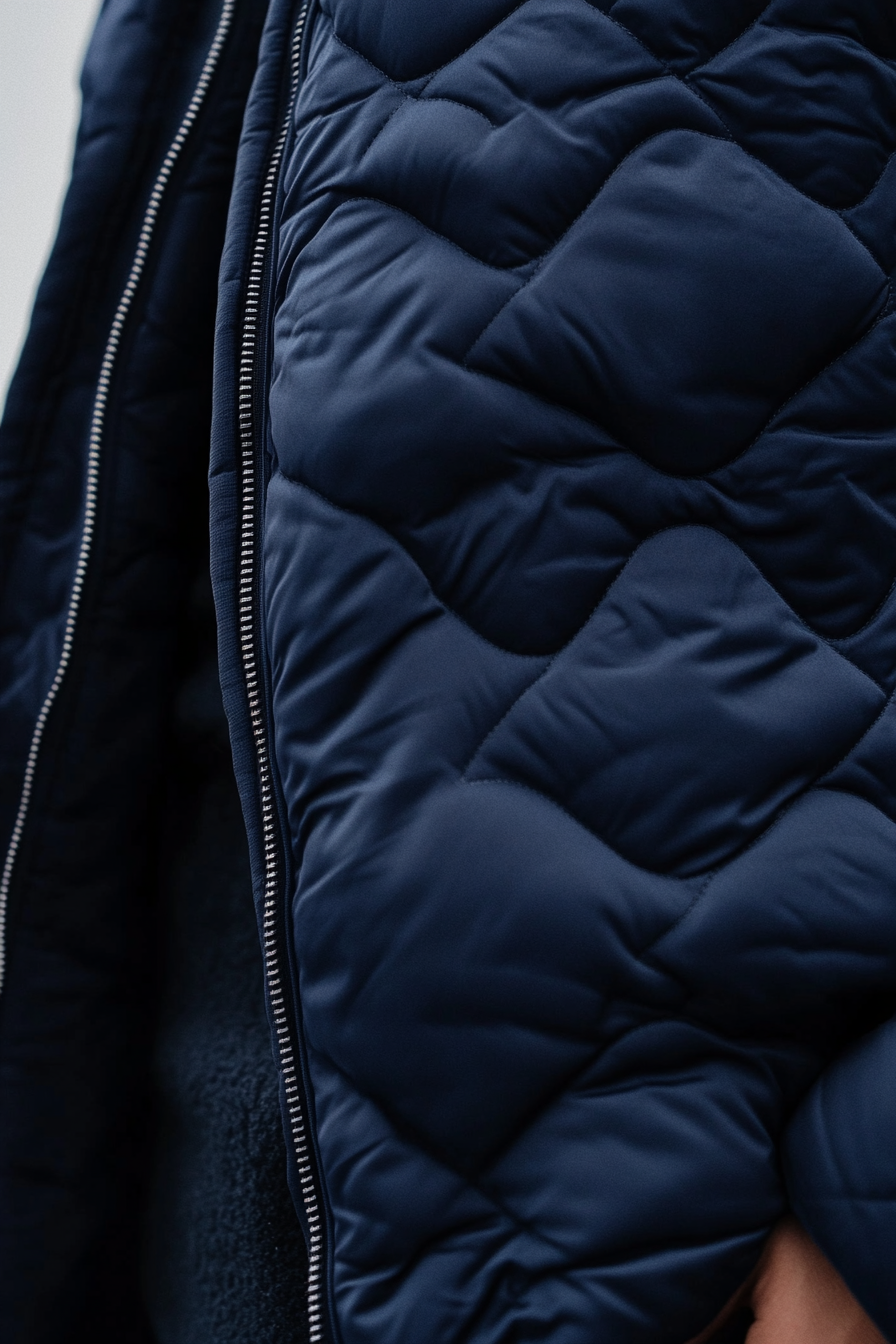 Men's contemporary style. Navy puffer jacket with quilted texture.