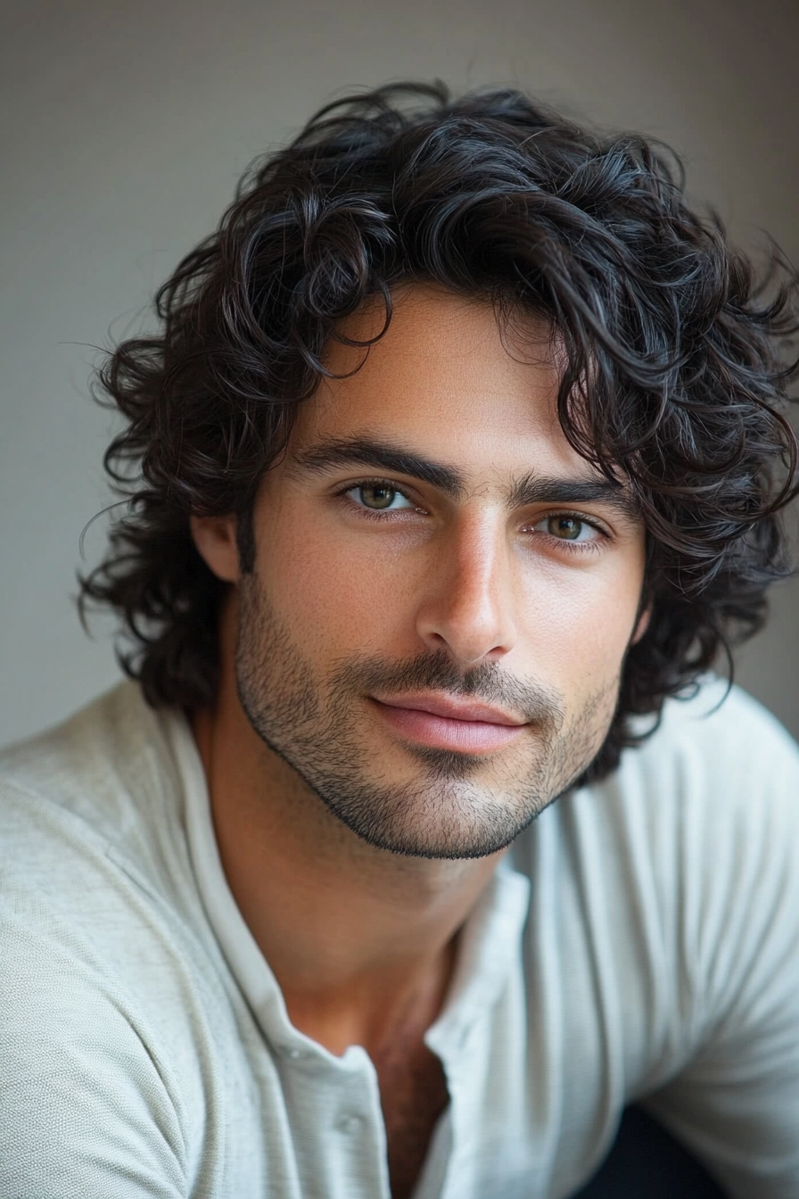 Curly hairstyle for men. Ringlets enhanced with coconut oil-based styling cream.