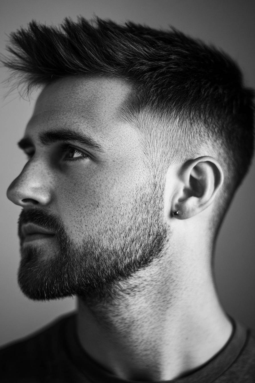 Men's short style. Angular undercut with precise gradient and clean lines.