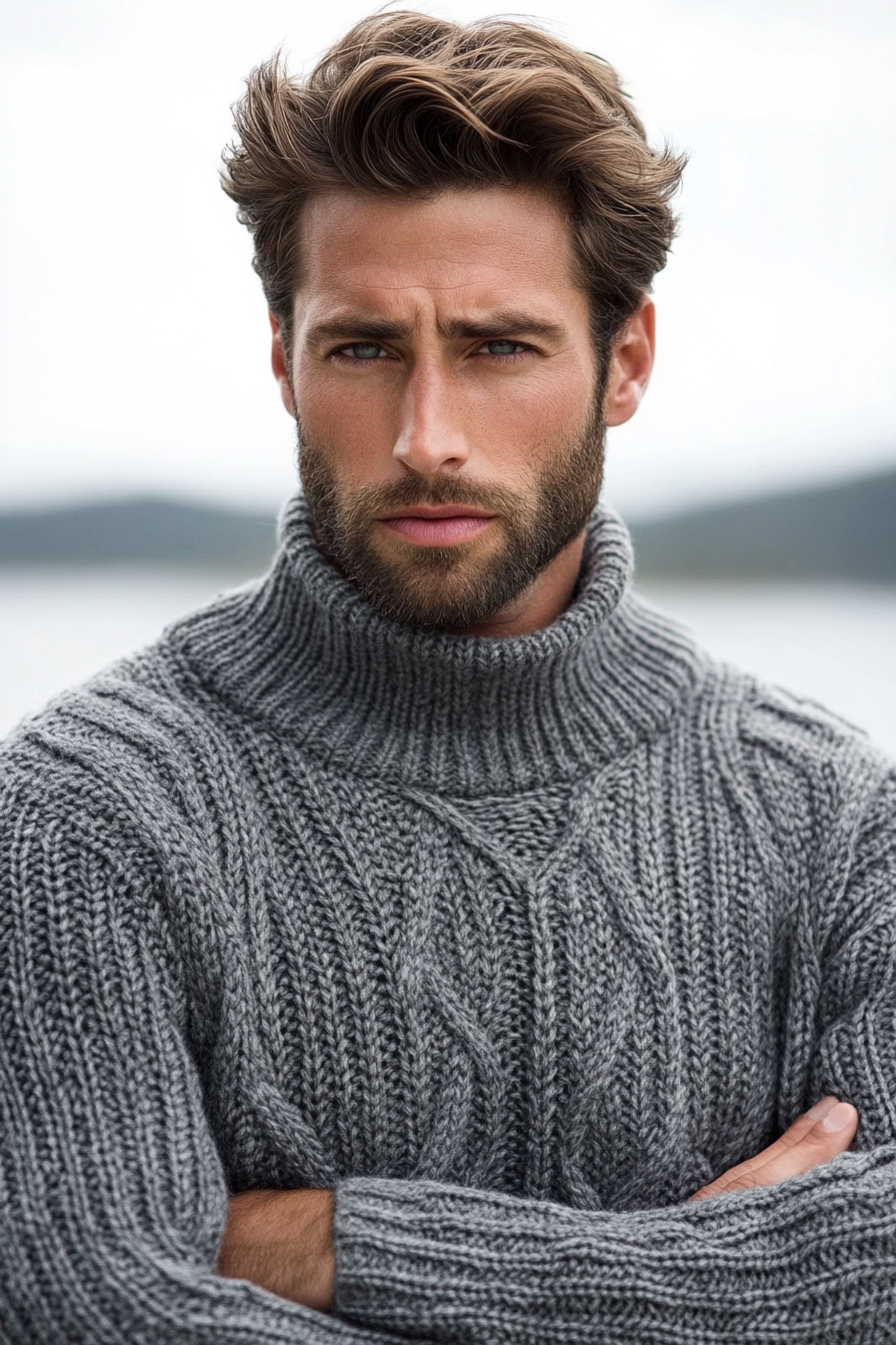 Men's seasonal style. Textured grey wool sweater with neatly trimmed hair.