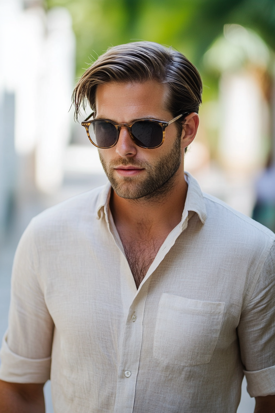 Men's classic style. Havana shirt coupled with gradient sunglasses.