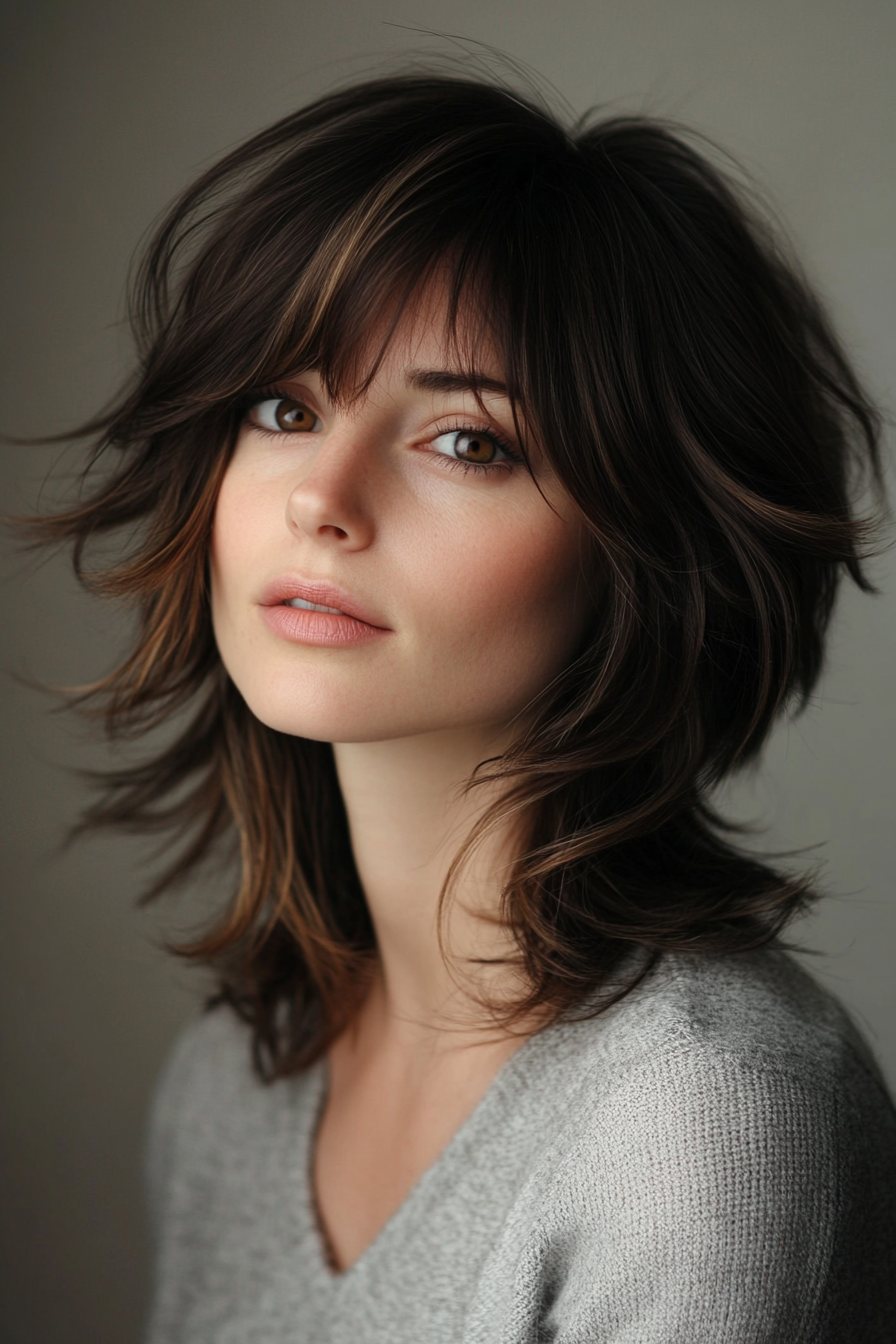 Modern hairstyle. Choppy layers with dark brown ombre highlights.