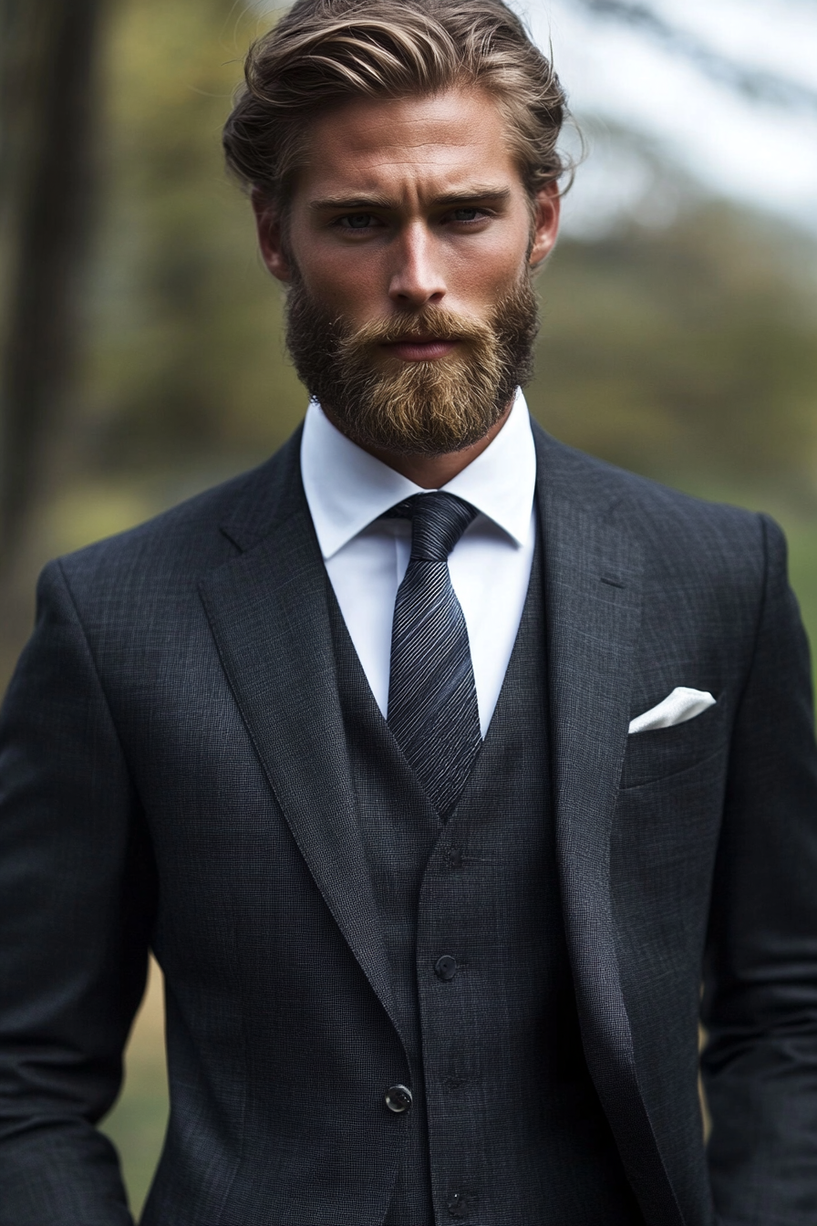 Men's classic style. Charcoal suit with ombre tie.