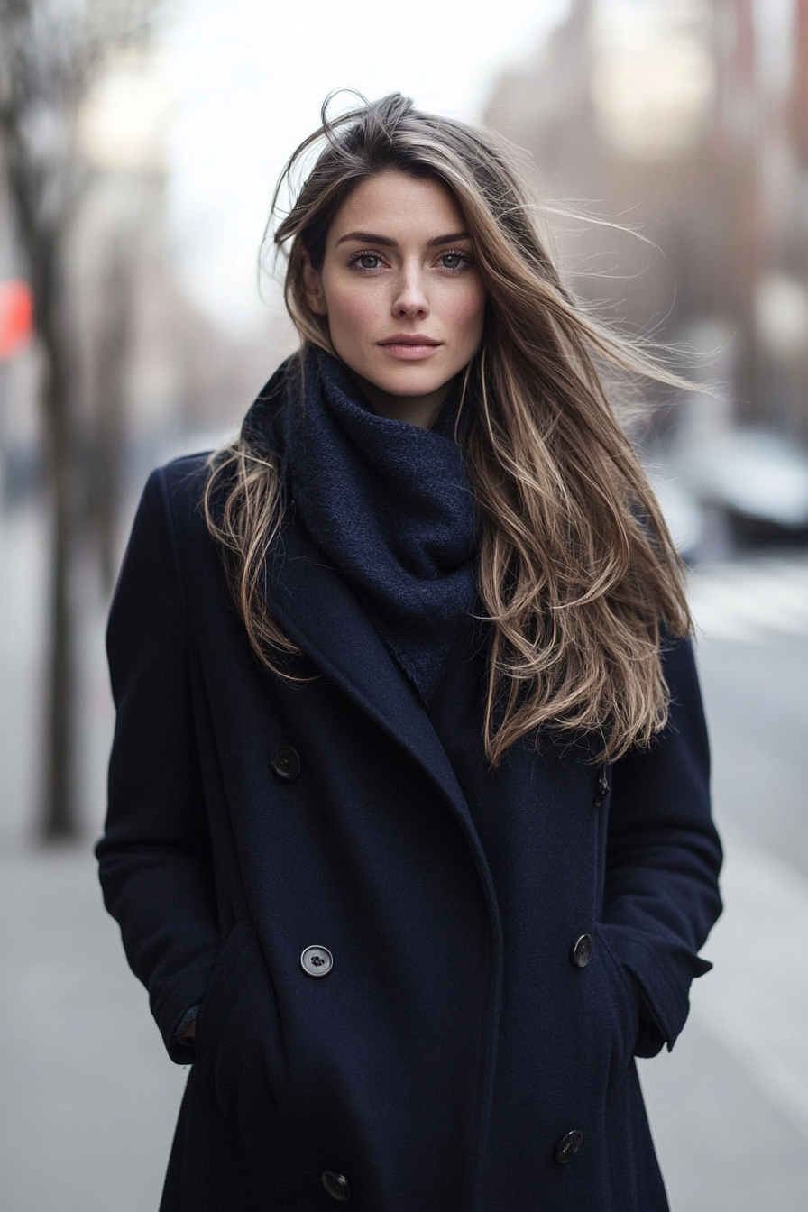 Classic women's style. A navy pea coat paired with long, face-framing loose layers.