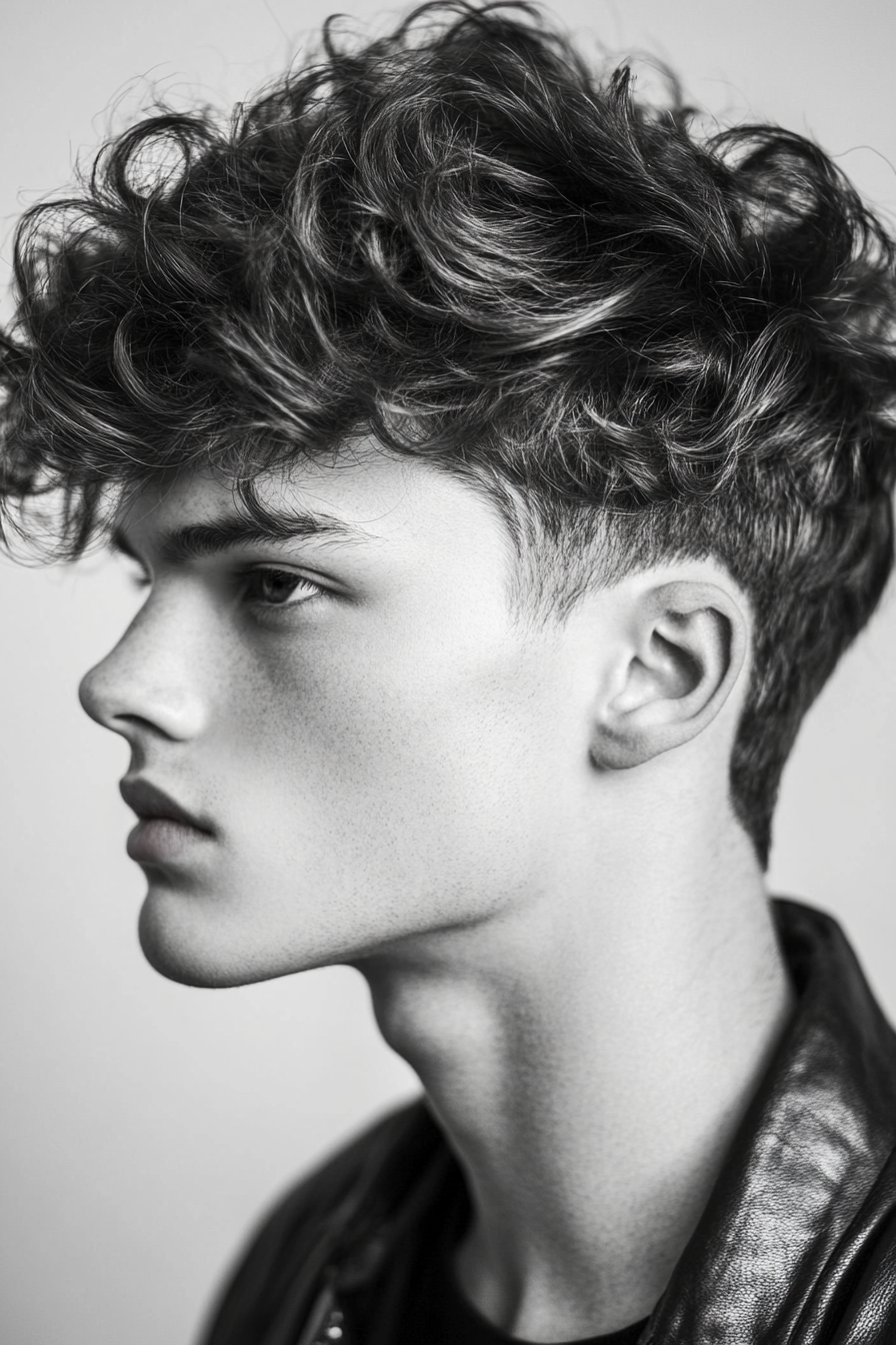 Men's curly hairstyle. Shaped fade with defining cream application.