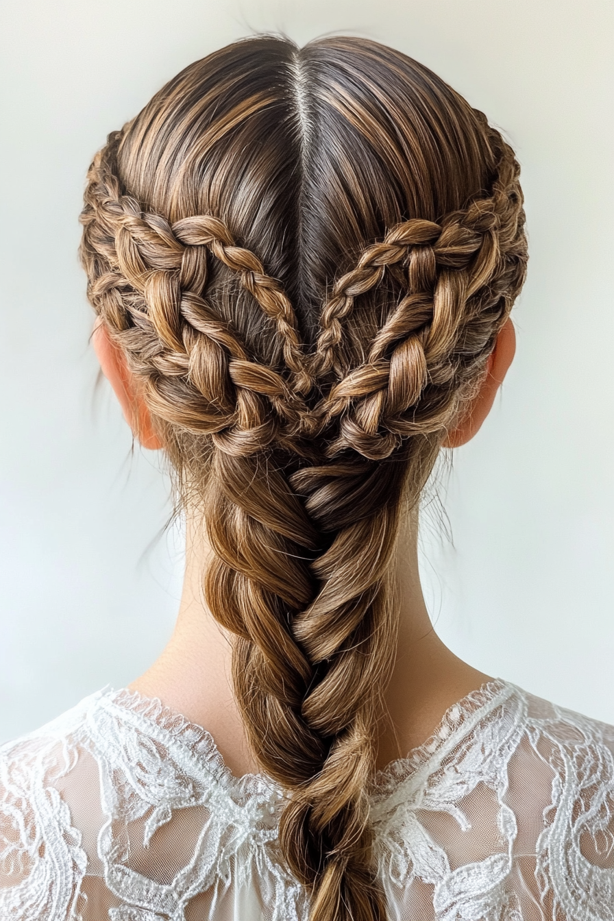 Braided style with intricate patterns. Crown braid with hair-conditioning oil.