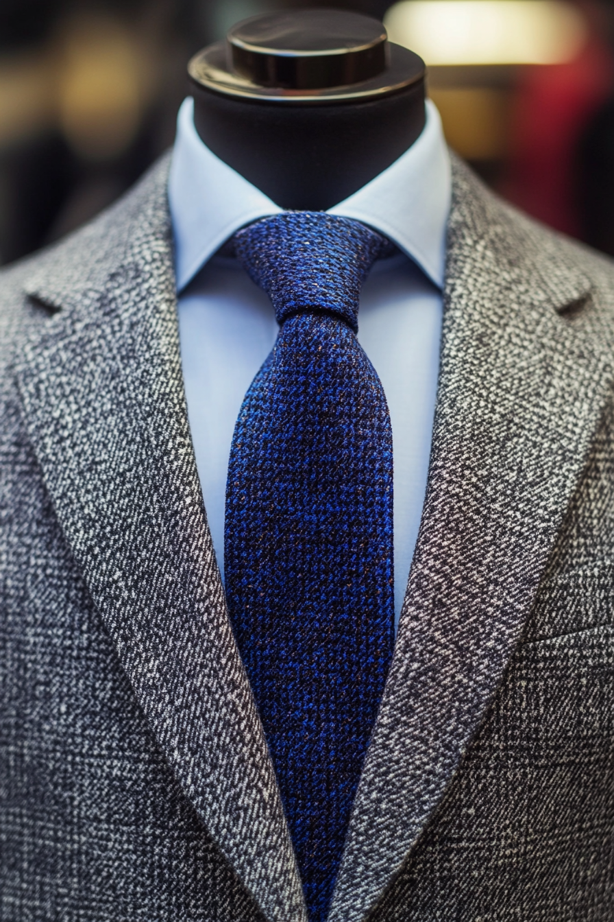 Men's style. Grey tweed blazer with gradient blue silk tie.