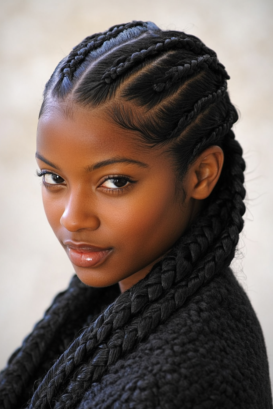 Women's braided style. Cornrows in zig zag pattern with lavender oil scalp care.