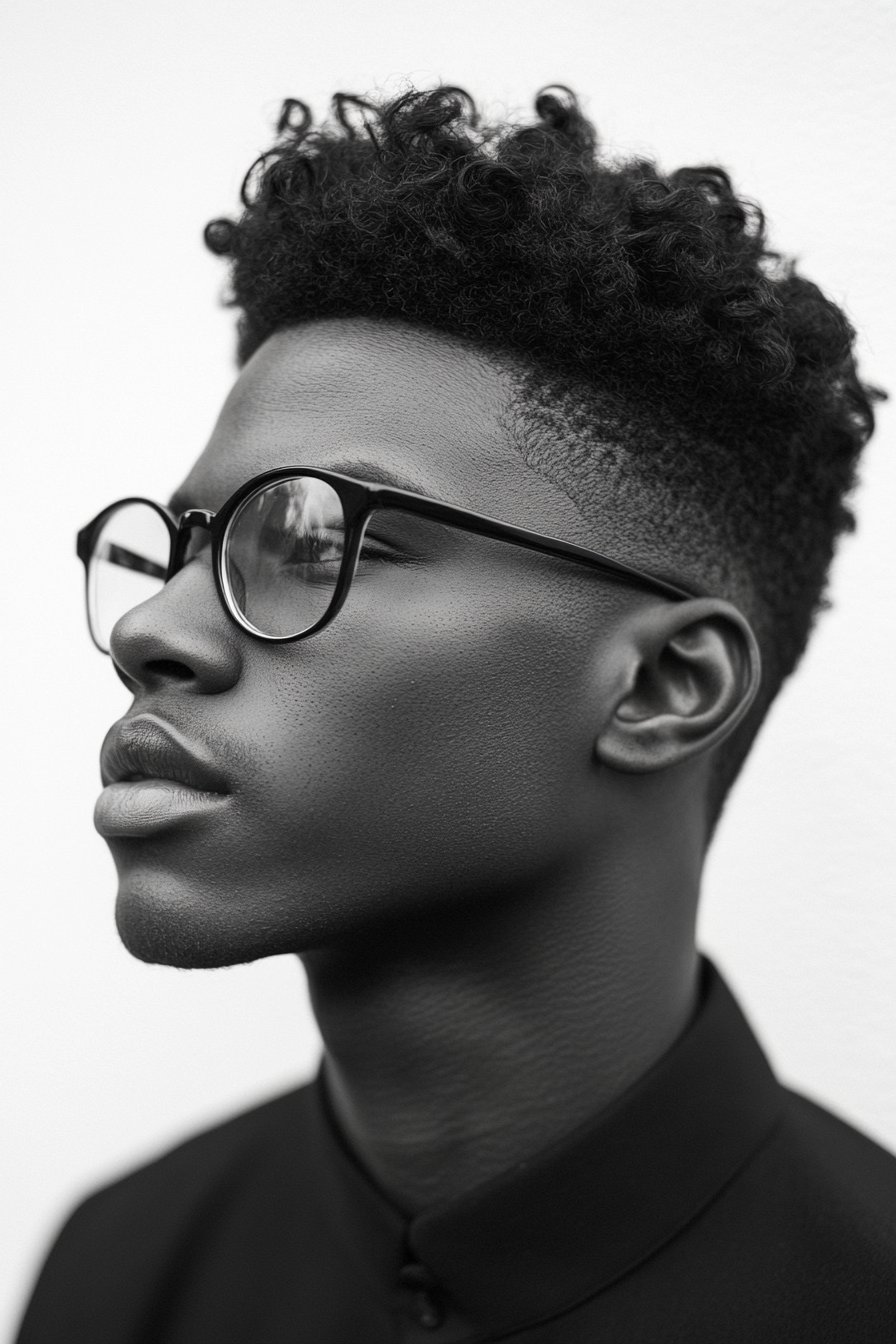 Men's texture style. Taper fade with defined coils.