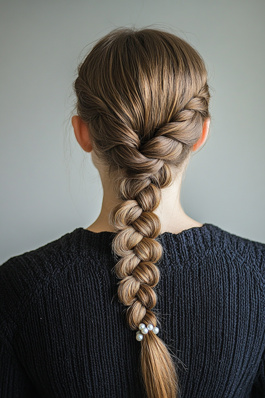 Women's braided style. French braid with pearl details.